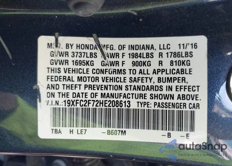 2017 Honda Civic Ex z USA, uszkodzony, nr VIN 19XFC2F72HE208613